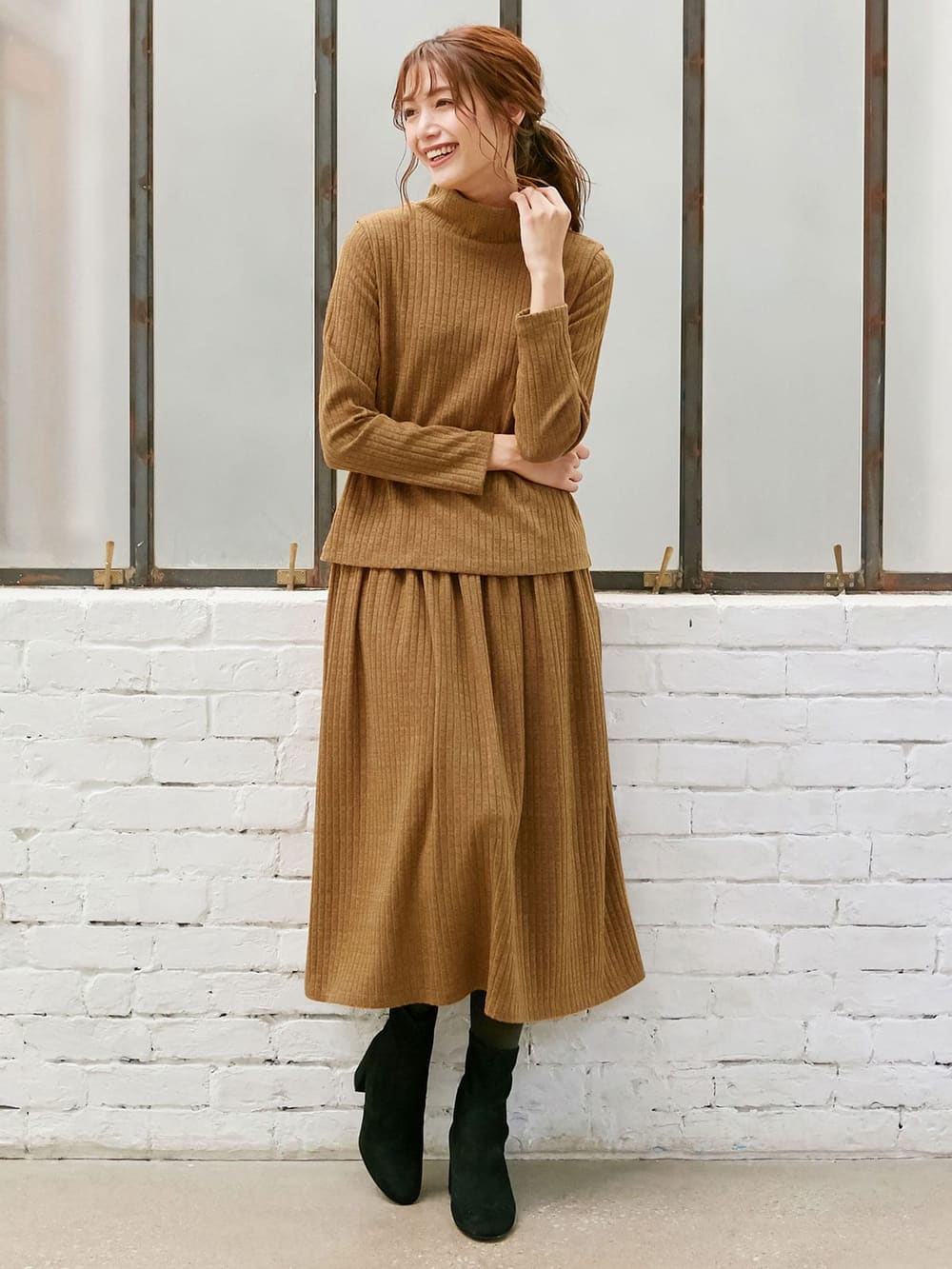 マタニティ ワンピース|ハイネックリブニットワンピース　マタニティ・授乳服|キャメル