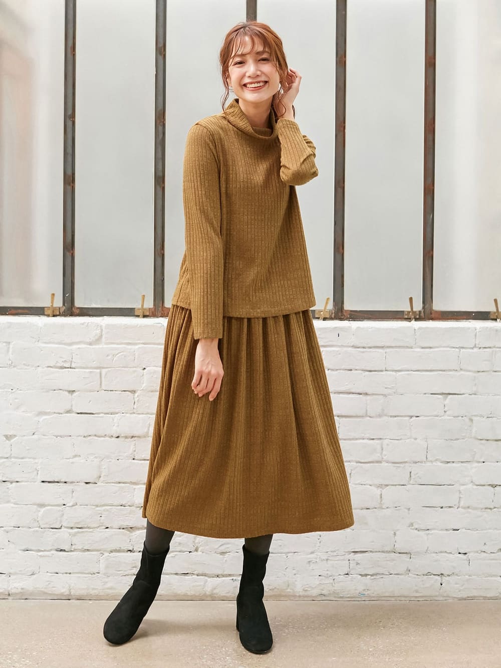 マタニティ ワンピース|ハイネックリブニットワンピース　マタニティ・授乳服|キャメル