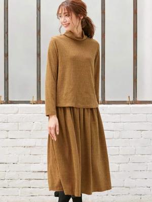 マタニティ ワンピース|ハイネックリブニットワンピース　マタニティ・授乳服|キャメル