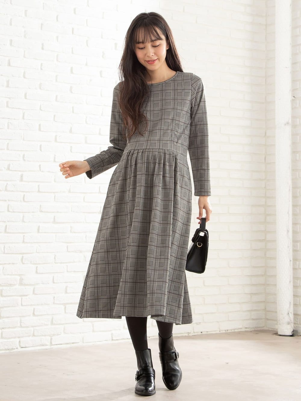 マタニティ ワンピース 授乳口付 グレンチェック切り替えタックワンピース マタニティウェア 授乳服通販 エンジェリーベ 公式