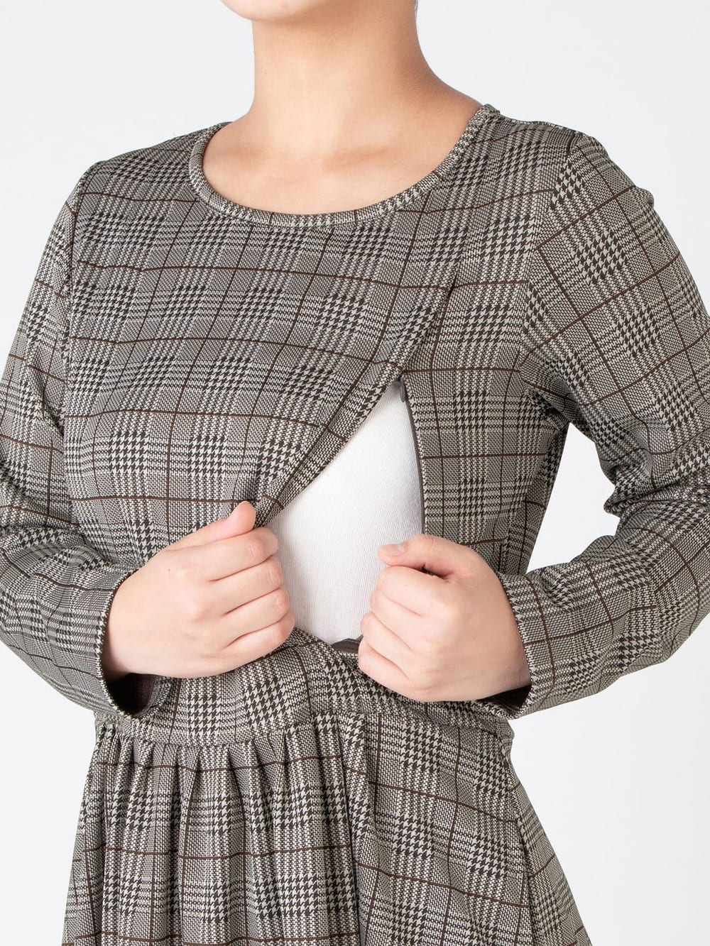 マタニティ ワンピース 授乳口付 グレンチェック切り替えタックワンピース マタニティウェア 授乳服通販 エンジェリーベ 公式