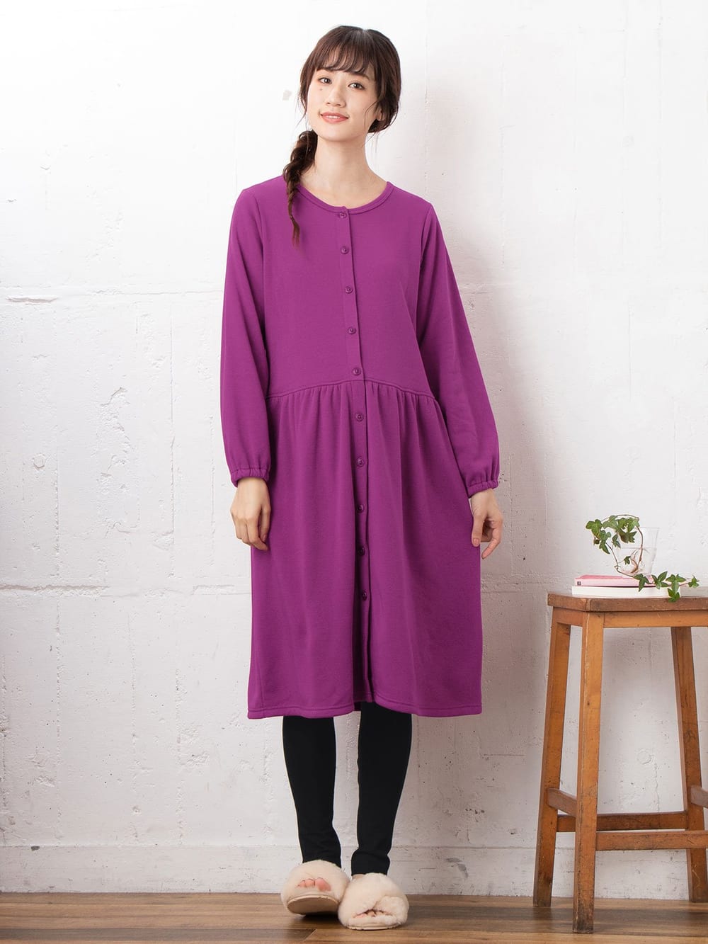 マタニティ パジャマ・ルームウェア|【授乳しやすい】【あったか】ふんわりパイル裏起毛ウエスト切替ギャザーワンピ×レギンスセットパジャマ|パープル