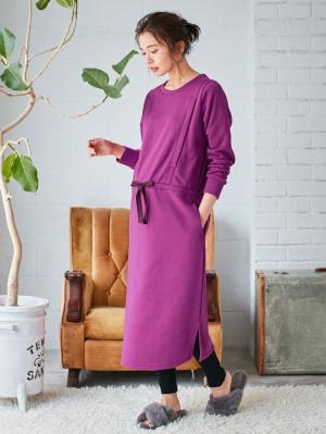 マタニティ パジャマ・ルームウェア|【授乳口付】ふんわりパイル裏起毛ドロストワンピ×産後も使えるレギンスパジャマセット|パープル