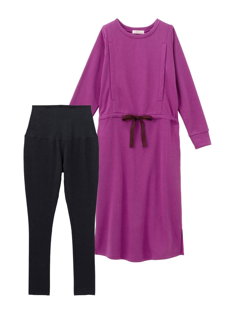 マタニティ パジャマ・ルームウェア|【授乳口付】ふんわりパイル裏起毛ドロストワンピ×産後も使えるレギンスパジャマセット|パープル