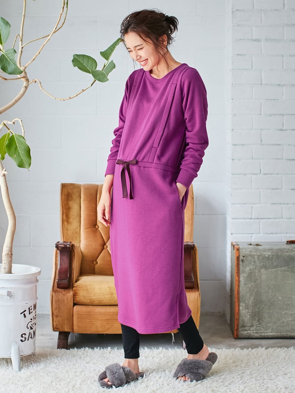 マタニティ パジャマ・ルームウェア|【授乳口付】ふんわりパイル裏起毛ドロストワンピ×産後も使えるレギンスパジャマセット|パープル