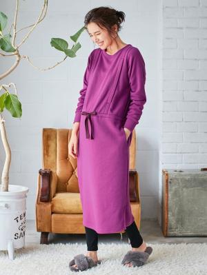 マタニティ パジャマ・ルームウェア|【授乳口付】ふんわりパイル裏起毛ドロストワンピ×産後も使えるレギンスパジャマセット|パープル