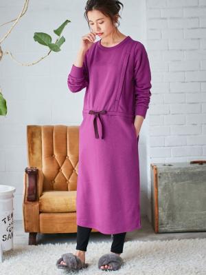 マタニティ パジャマ・ルームウェア|【授乳口付】ふんわりパイル裏起毛ドロストワンピ×産後も使えるレギンスパジャマセット|パープル