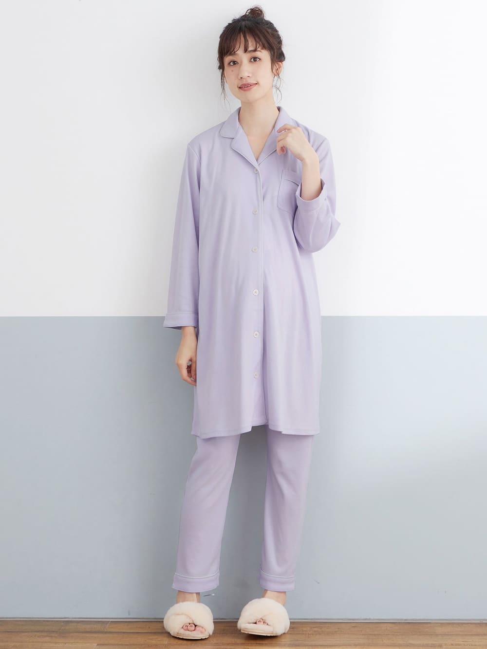 マタニティ パジャマ・ルームウェア|【授乳しやすい】【産前産後対応】やわらかスムースシャツパジャマ（産後も使えるパンツ付）