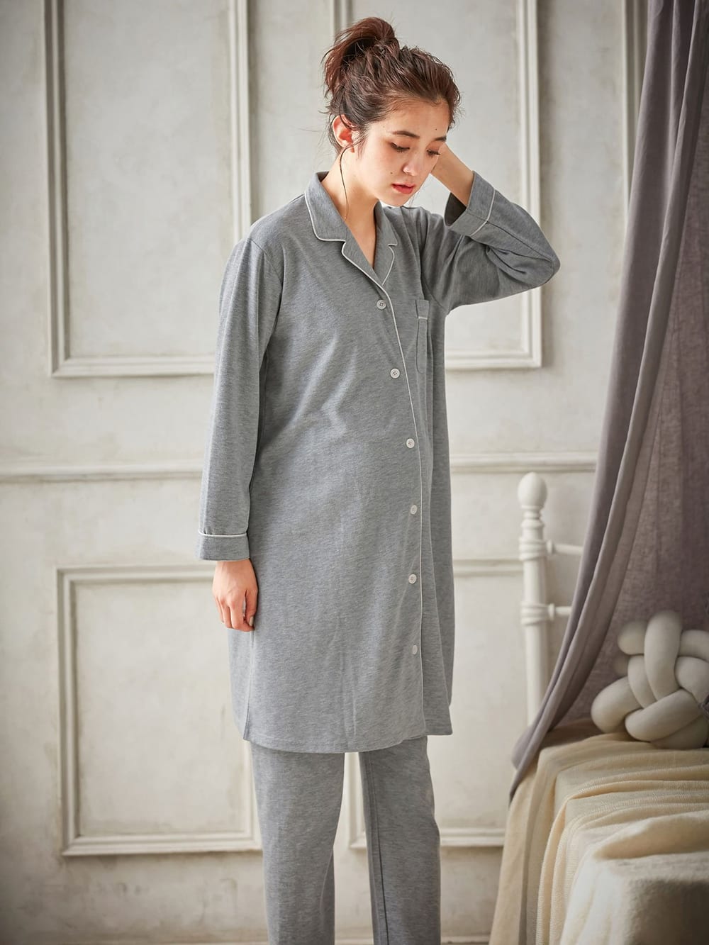 マタニティ パジャマ・ルームウェア|【授乳しやすい】【産前産後対応】やわらかスムースシャツパジャマ（産後も使えるパンツ付）