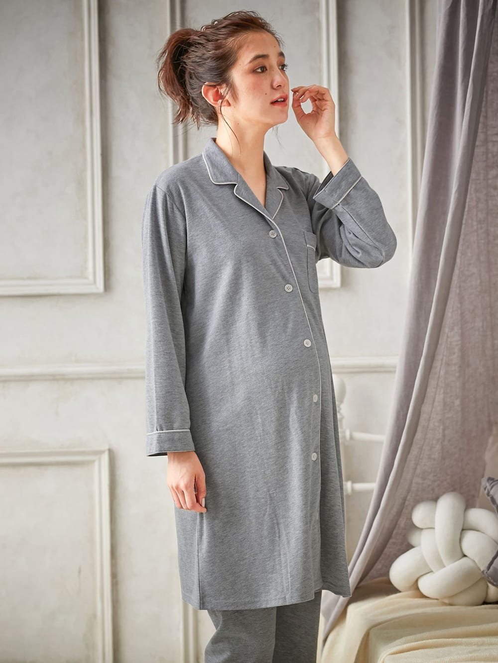 マタニティ パジャマ・ルームウェア|【授乳しやすい】【産前産後対応】やわらかスムースシャツパジャマ（産後も使えるパンツ付）