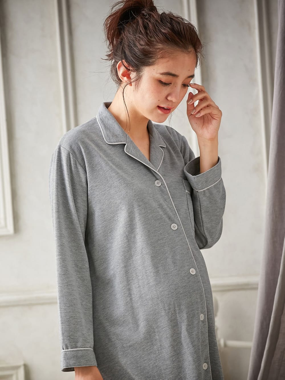 マタニティ パジャマ・ルームウェア|【授乳しやすい】【産前産後対応】やわらかスムースシャツパジャマ（産後も使えるパンツ付）