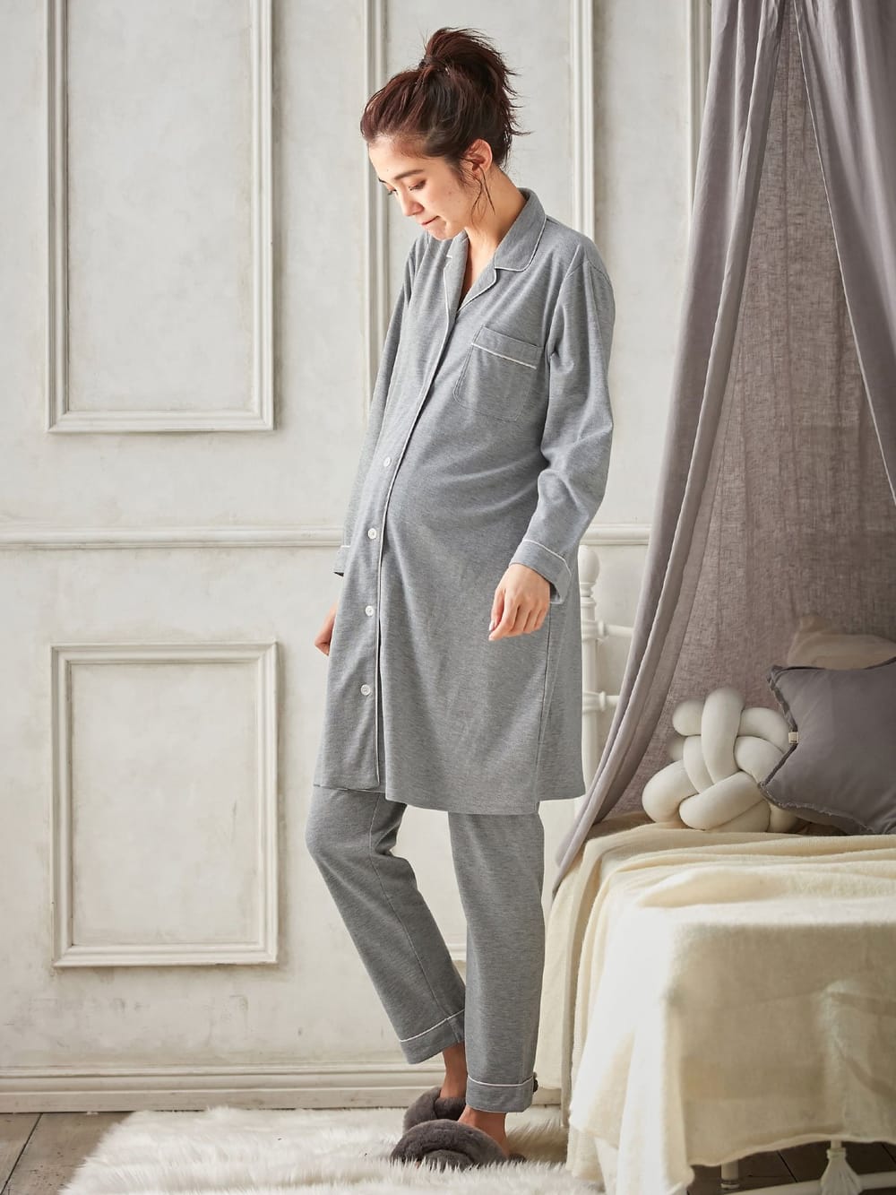 マタニティ パジャマ・ルームウェア|【授乳しやすい】【産前産後対応】やわらかスムースシャツパジャマ（産後も使えるパンツ付）