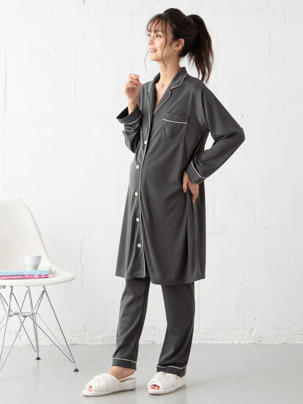 マタニティ パジャマ・ルームウェア|【授乳しやすい】【産前産後対応】やわらかスムースシャツパジャマ（産後も使えるパンツ付）