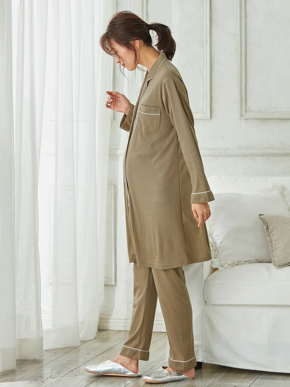 マタニティ パジャマ・ルームウェア|【授乳しやすい】【産前産後対応】やわらかスムースシャツパジャマ（産後も使えるパンツ付）