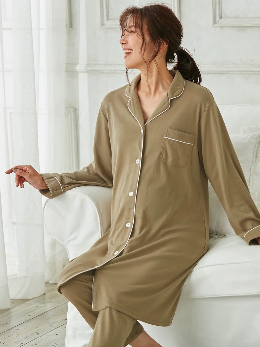 マタニティ パジャマ・ルームウェア|【授乳しやすい】【産前産後対応】やわらかスムースシャツパジャマ（産後も使えるパンツ付）