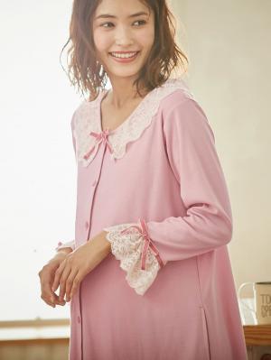 マタニティ パジャマ・ルームウェア|【授乳しやすい】【産前産後対応】やわらかスムースレースリボンパジャマ（産後も使えるパンツ付き）|ピンク