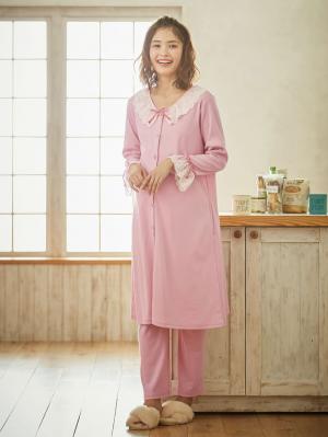 マタニティ パジャマ・ルームウェア|【授乳しやすい】【産前産後対応】やわらかスムースレースリボンパジャマ（産後も使えるパンツ付き）|ピンク