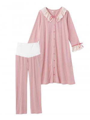 マタニティ パジャマ・ルームウェア|【授乳しやすい】【産前産後対応】やわらかスムースレースリボンパジャマ（産後も使えるパンツ付き）|ピンク