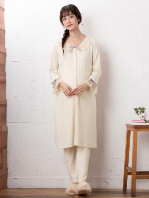 マタニティ パジャマ・ルームウェア|【授乳しやすい】【産前産後対応】やわらかスムースレースリボンパジャマ（産後も使えるパンツ付き）|アイボリー