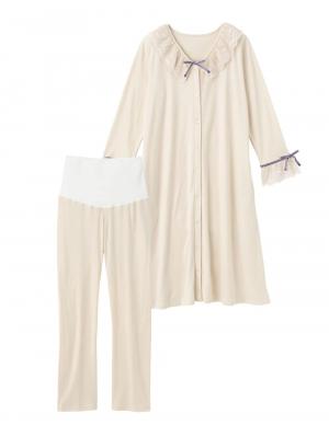 マタニティ パジャマ・ルームウェア|【授乳しやすい】【産前産後対応】やわらかスムースレースリボンパジャマ（産後も使えるパンツ付き）|アイボリー