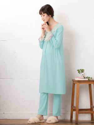 マタニティ パジャマ・ルームウェア|【授乳しやすい】【産前産後対応】やわらかスムースレースリボンパジャマ（産後も使えるパンツ付き）|ミント