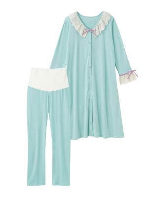 マタニティ パジャマ・ルームウェア|【授乳しやすい】【産前産後対応】やわらかスムースレースリボンパジャマ（産後も使えるパンツ付き）|ミント