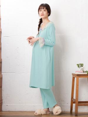 マタニティ パジャマ・ルームウェア|【授乳しやすい】【産前産後対応】やわらかスムースレースリボンパジャマ（産後も使えるパンツ付き）|ミント