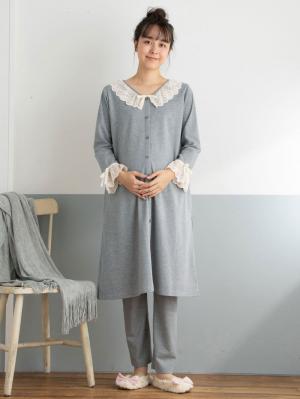 マタニティ パジャマ・ルームウェア|【授乳しやすい】【産前産後対応】やわらかスムースレースリボンパジャマ（産後も使えるパンツ付き）|杢グレー