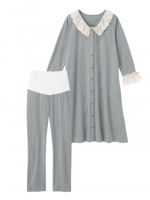 マタニティ パジャマ・ルームウェア|【授乳しやすい】【産前産後対応】やわらかスムースレースリボンパジャマ（産後も使えるパンツ付き）|杢グレー
