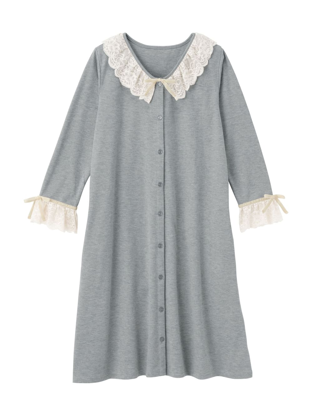 マタニティ パジャマ・ルームウェア|【授乳しやすい】【産前産後対応】やわらかスムースレースリボンパジャマ（産後も使えるパンツ付き）|杢グレー