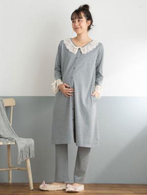 マタニティ パジャマ・ルームウェア|【授乳しやすい】【産前産後対応】やわらかスムースレースリボンパジャマ（産後も使えるパンツ付き）|杢グレー