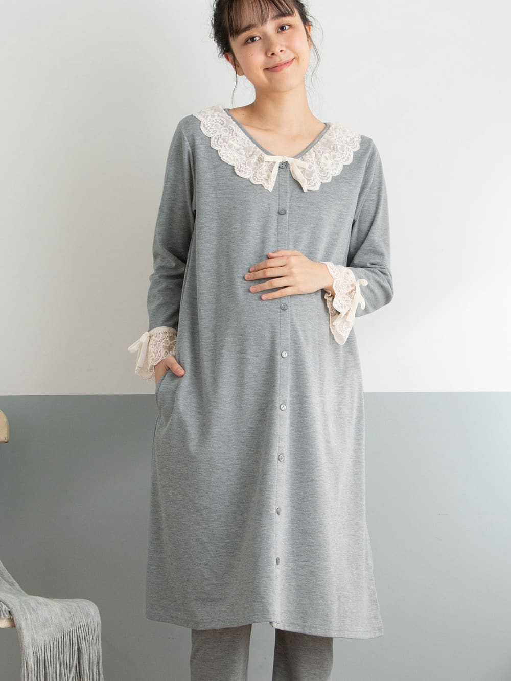 マタニティ パジャマ・ルームウェア|【授乳しやすい】【産前産後対応】やわらかスムースレースリボンパジャマ（産後も使えるパンツ付き）|杢グレー