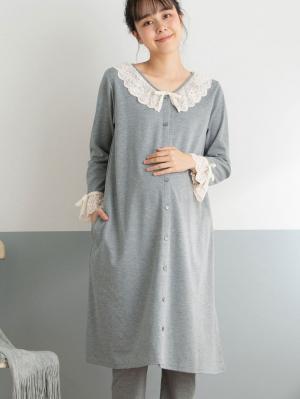 マタニティ パジャマ・ルームウェア|【授乳しやすい】【産前産後対応】やわらかスムースレースリボンパジャマ（産後も使えるパンツ付き）|杢グレー
