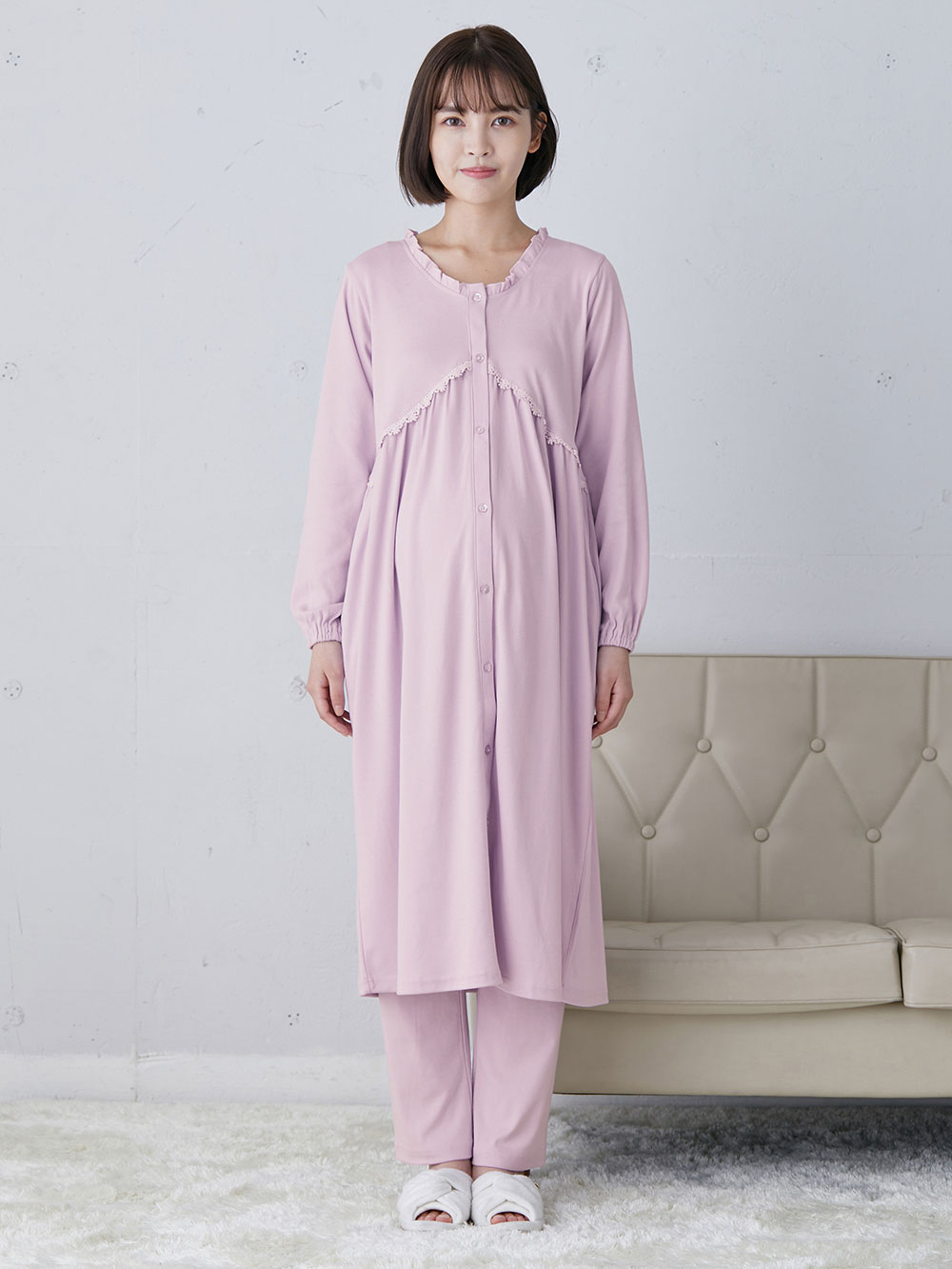 マタニティ パジャマ・ルームウェア|【授乳しやすい】【産前産後対応】やわらかスムース切り替えギャザーパジャマ（産後も使えるパンツ付）
