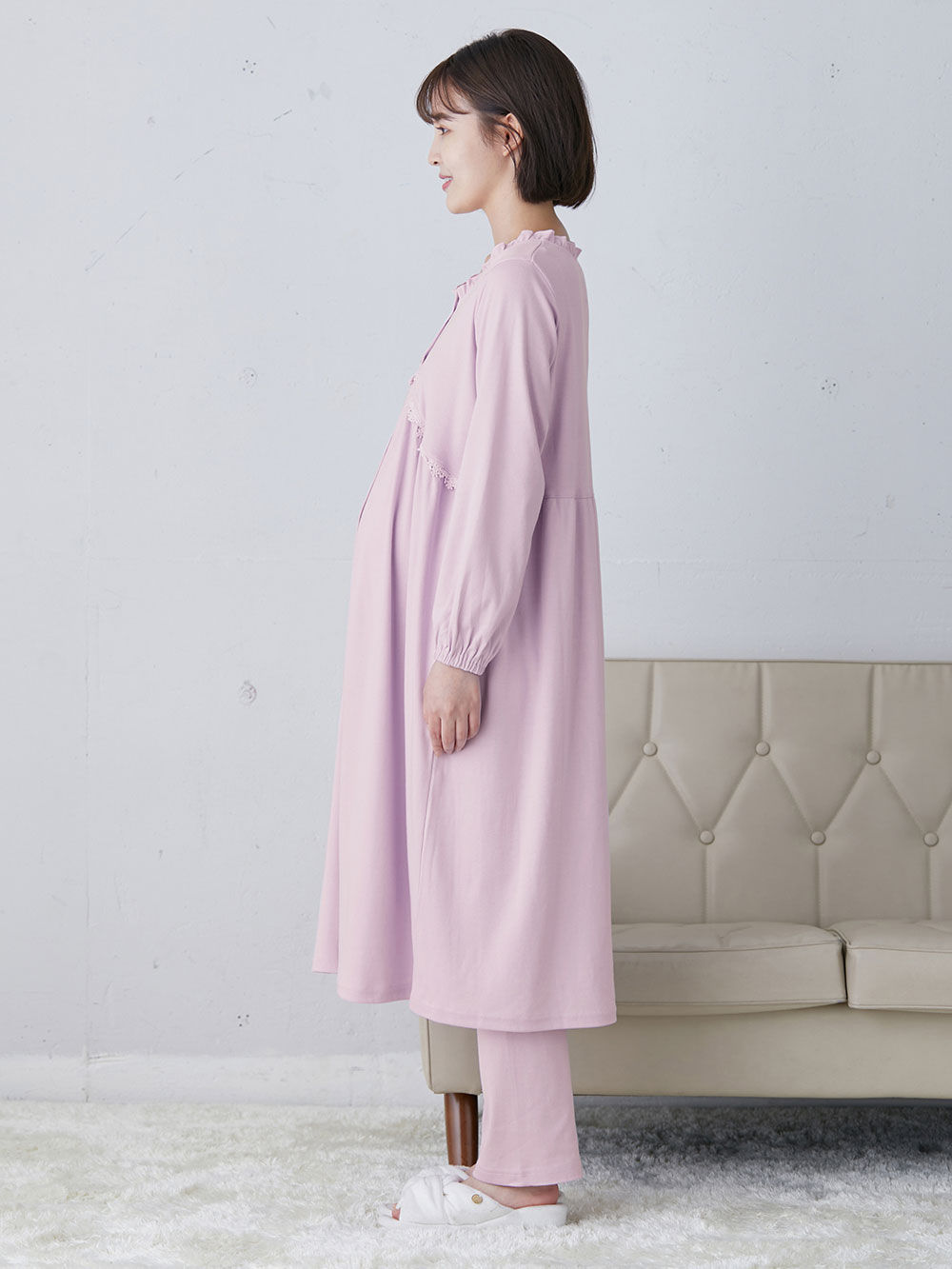 マタニティ パジャマ・ルームウェア|【授乳しやすい】【産前産後対応】やわらかスムース切り替えギャザーパジャマ（産後も使えるパンツ付）