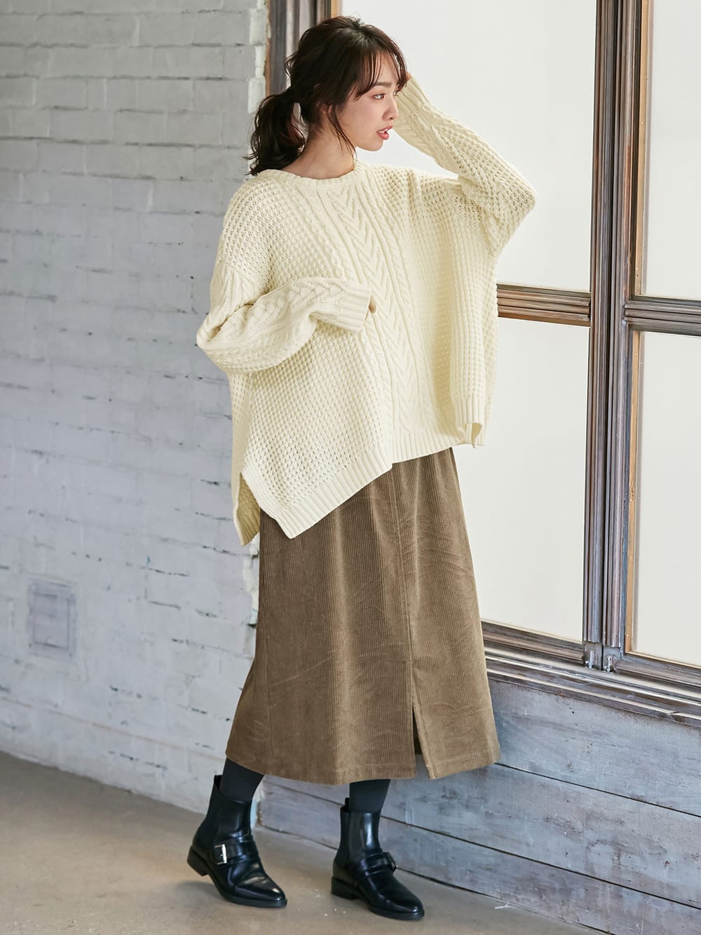 マタニティ トップス|ウール混ざっくり裾スリットケーブルニット　マタニティ・授乳服|アイボリー