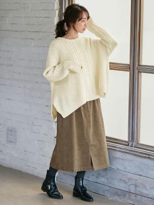 マタニティ トップス|ウール混ざっくり裾スリットケーブルニット　マタニティ・授乳服|アイボリー