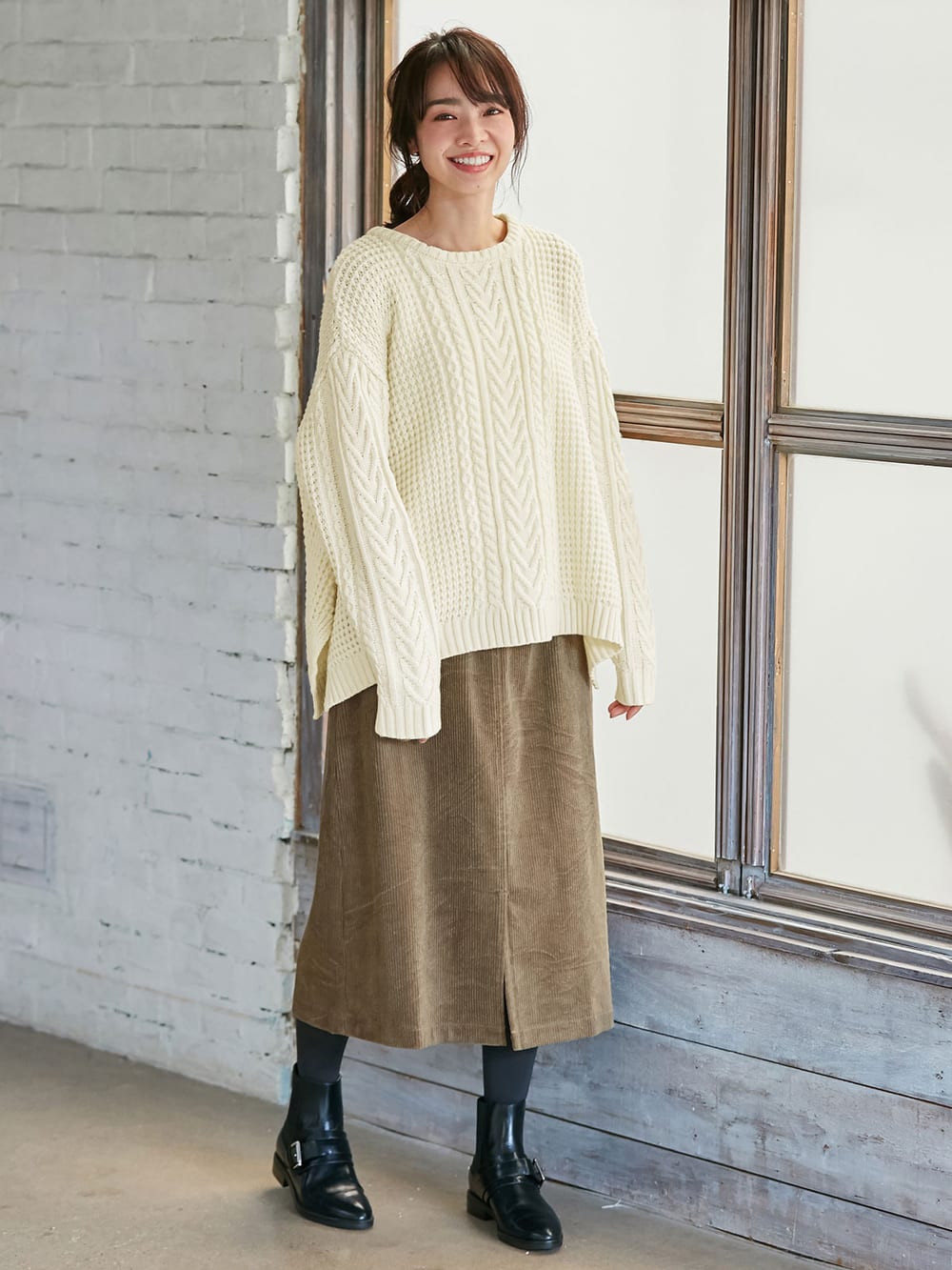 マタニティ トップス|ウール混ざっくり裾スリットケーブルニット　マタニティ・授乳服|アイボリー
