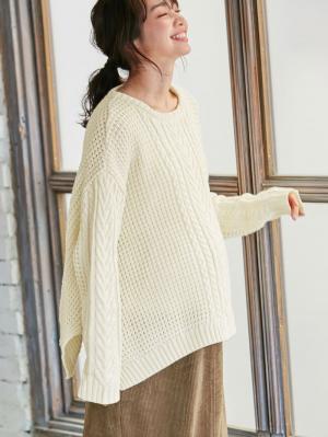 マタニティ トップス|ウール混ざっくり裾スリットケーブルニット　マタニティ・授乳服|アイボリー