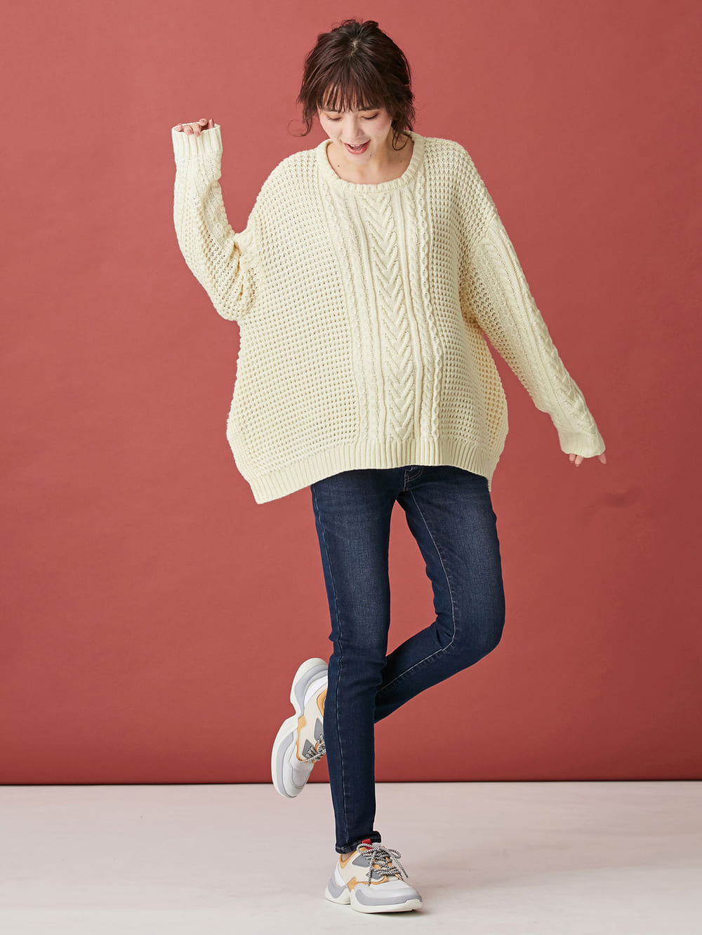 マタニティ トップス|ウール混ざっくり裾スリットケーブルニット　マタニティ・授乳服|アイボリー