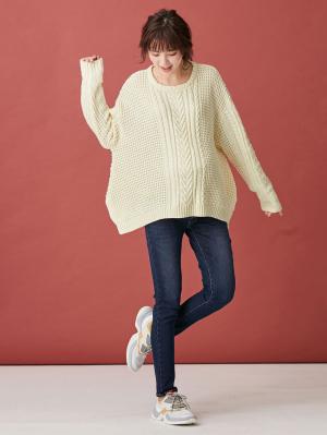 マタニティ トップス|ウール混ざっくり裾スリットケーブルニット　マタニティ・授乳服|アイボリー