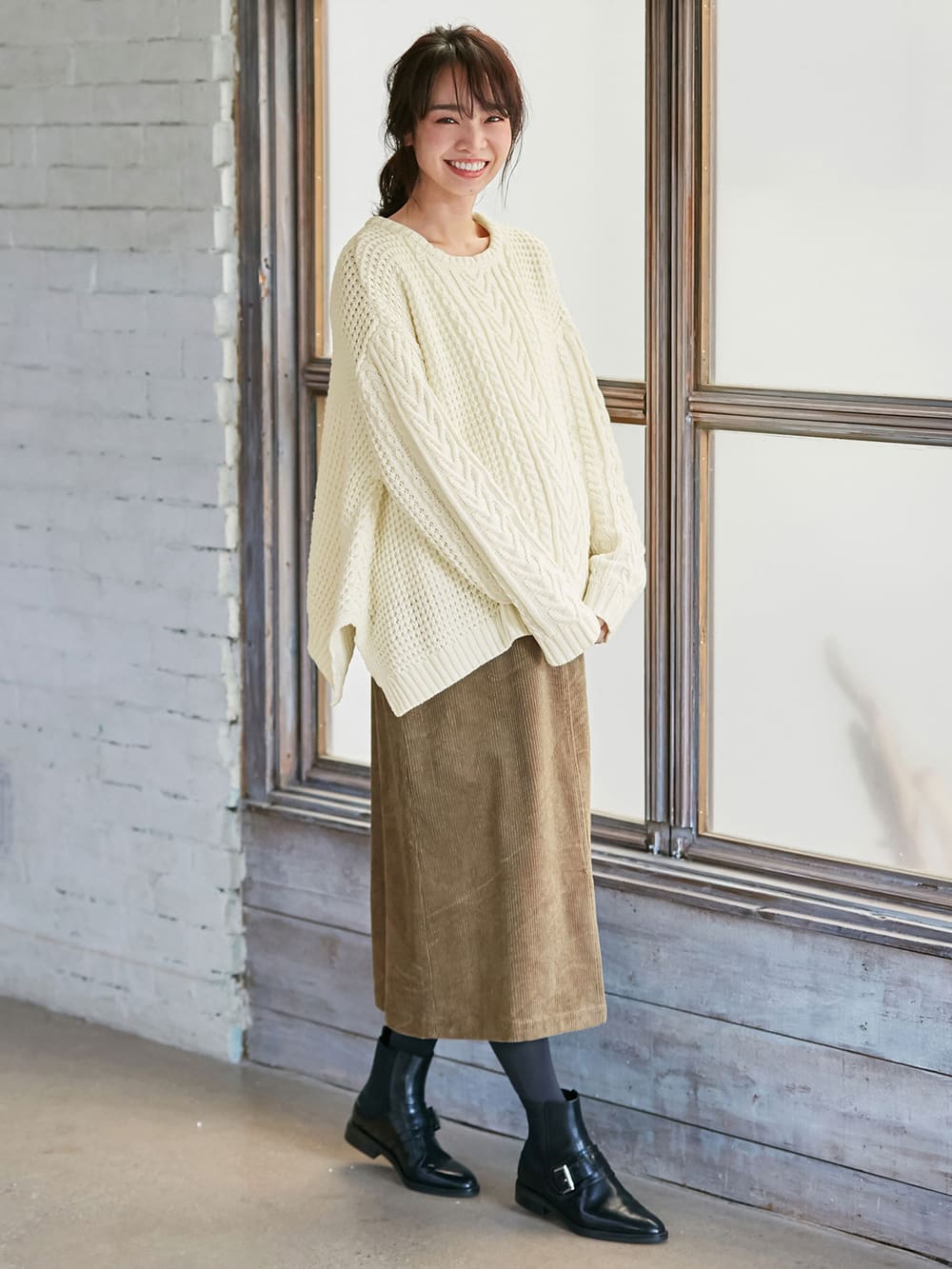 マタニティ トップス|ウール混ざっくり裾スリットケーブルニット　マタニティ・授乳服|アイボリー