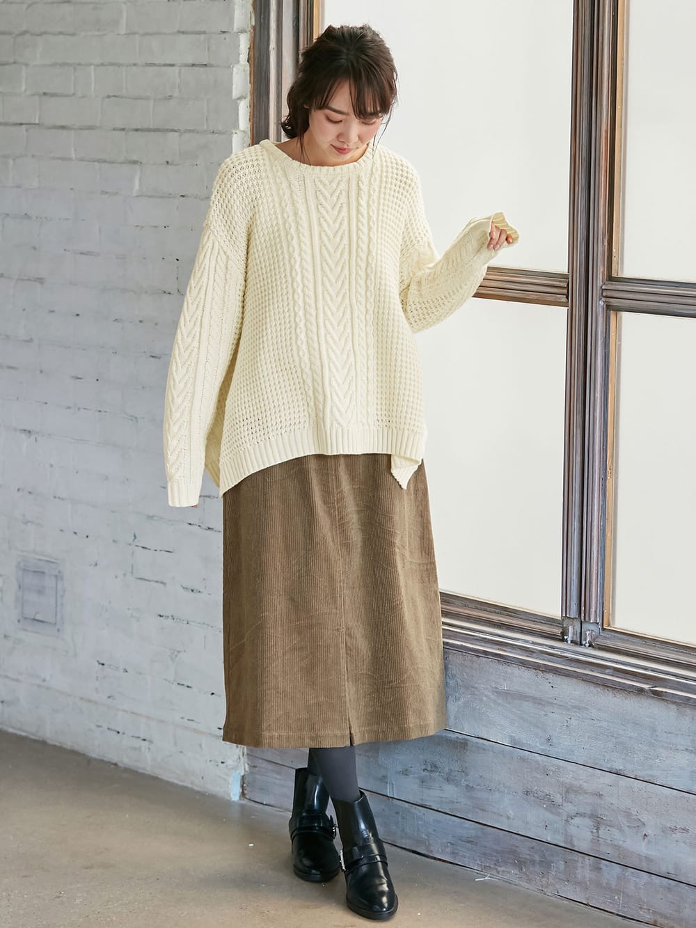 マタニティ トップス|ウール混ざっくり裾スリットケーブルニット　マタニティ・授乳服|アイボリー