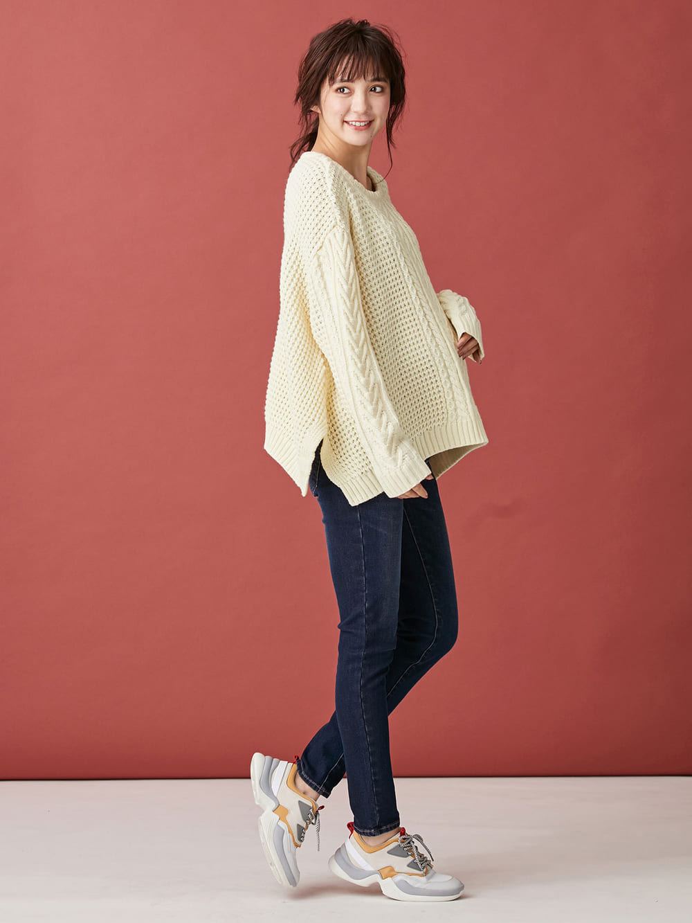 マタニティ トップス|ウール混ざっくり裾スリットケーブルニット　マタニティ・授乳服|アイボリー