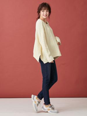 マタニティ トップス|ウール混ざっくり裾スリットケーブルニット　マタニティ・授乳服|アイボリー