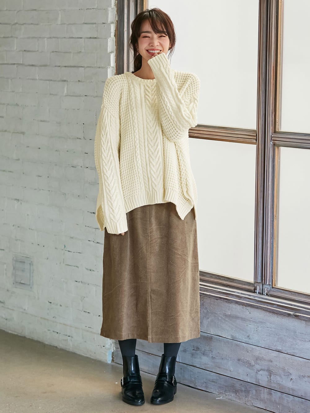 マタニティ トップス|ウール混ざっくり裾スリットケーブルニット　マタニティ・授乳服|アイボリー