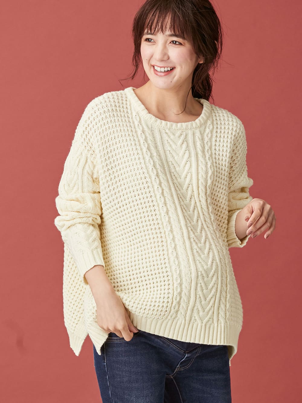 マタニティ トップス|ウール混ざっくり裾スリットケーブルニット　マタニティ・授乳服|アイボリー