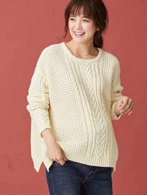 マタニティ トップス|ウール混ざっくり裾スリットケーブルニット　マタニティ・授乳服|アイボリー
