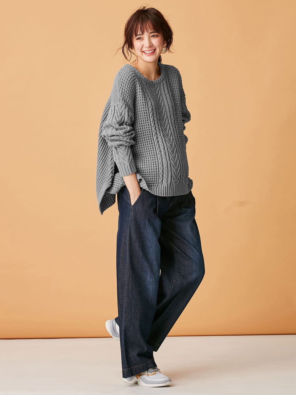 マタニティ トップス|ウール混ざっくり裾スリットケーブルニット　マタニティ・授乳服|グレー