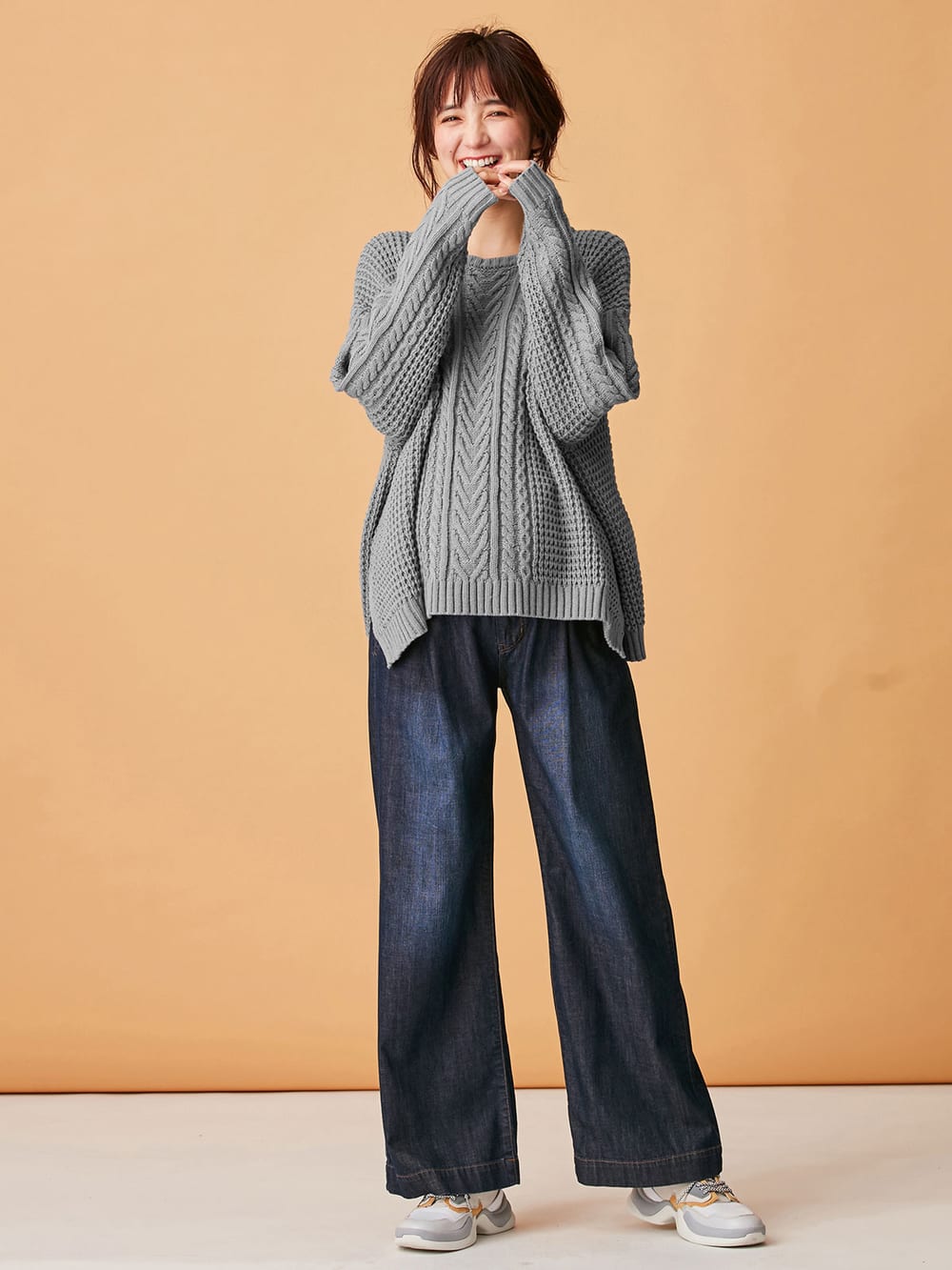 マタニティ トップス|ウール混ざっくり裾スリットケーブルニット　マタニティ・授乳服|グレー
